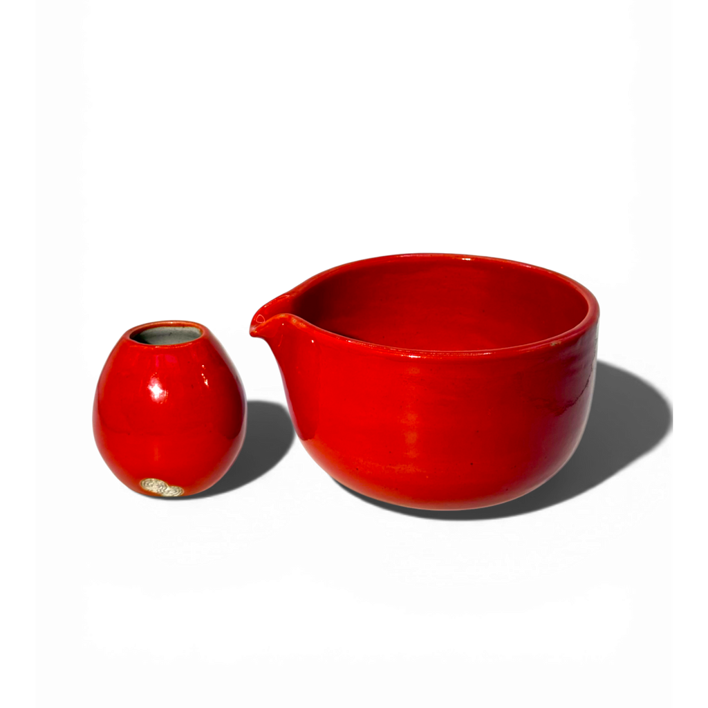 Hand-Pulled Chawan & Whisk Holder Set - Glossy Red