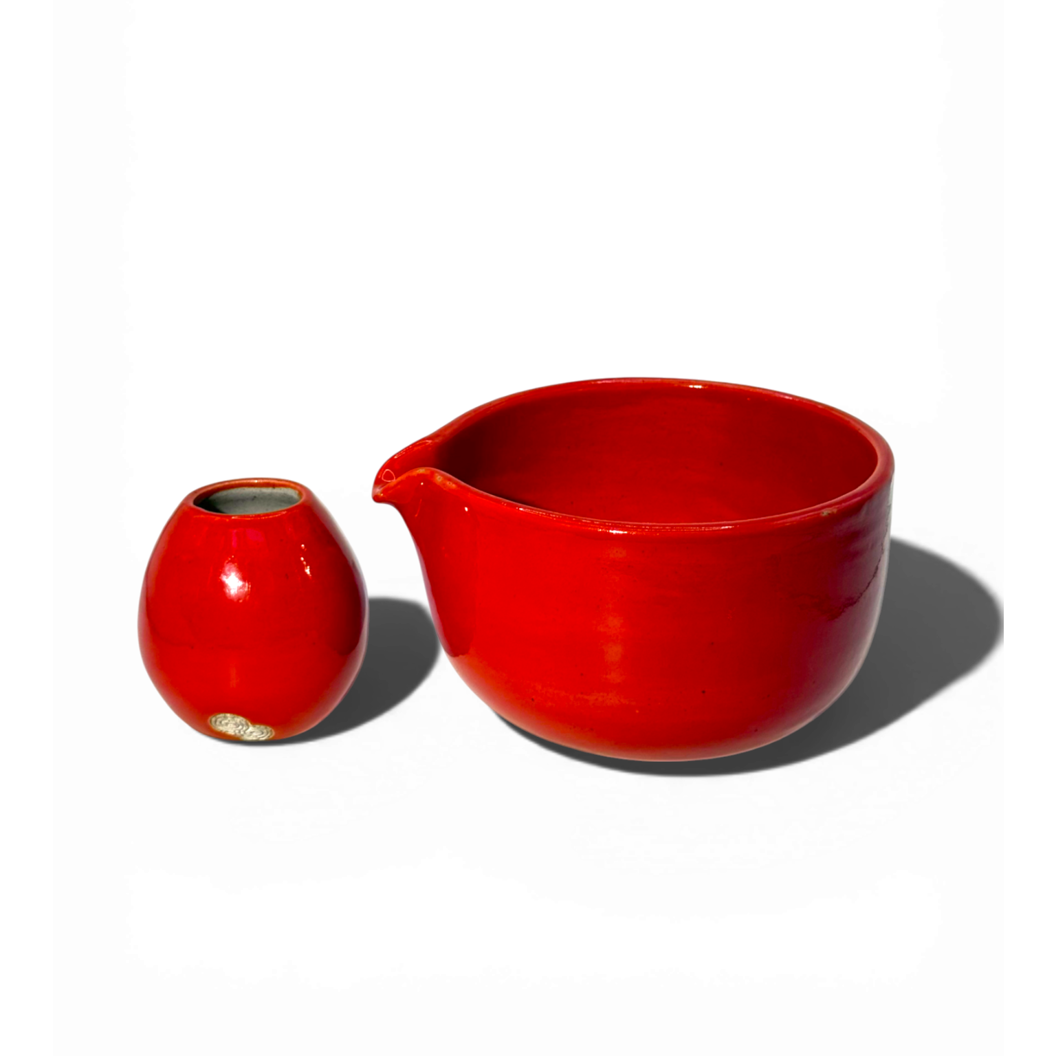 Hand-Pulled Chawan & Whisk Holder Set - Glossy Red